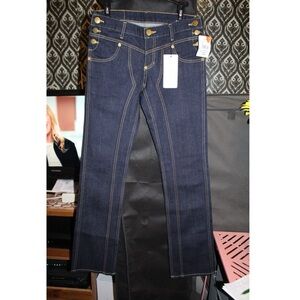 Navy Flare Jeans with Gold Button Accents